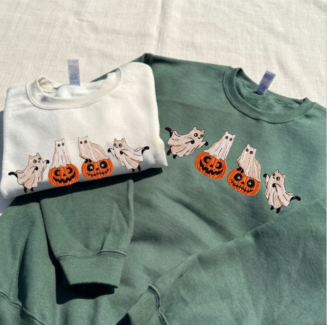 CUTE BLACK CAT, HALLOWEEN PUMKIN EMBROIDERED TEE BN-00044