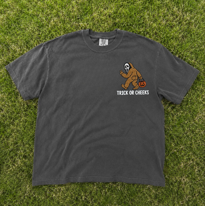 TRICK OR CHEEKS BIGFOOT, FUNNY HALLOWEEN SASQUATCH TEE, GHOSTFACE MASK EMBROIDERED TEE BN-00045