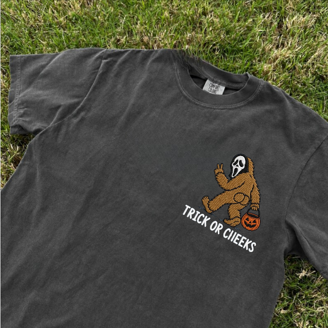 TRICK OR CHEEKS BIGFOOT, FUNNY HALLOWEEN SASQUATCH TEE, GHOSTFACE MASK EMBROIDERED TEE BN-00045