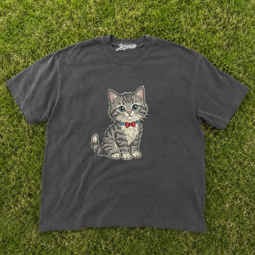 EMBROIDERED CUTE CAT, COQUETTE KITTY WITH BOW TEE XIU-0092