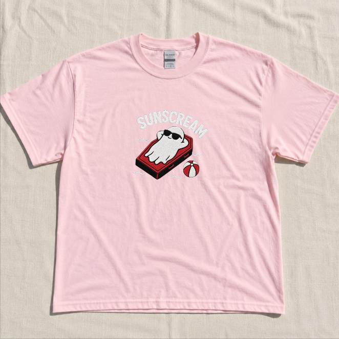 SUNCREAM GHOST, CUTE SPOOKY BEACH GHOST EMBROIDERED TEE BN-00046