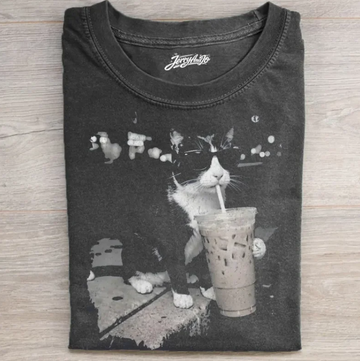 TUXEDO CAT DRINKING ICED COFFEE T-SHIRT TR-00225