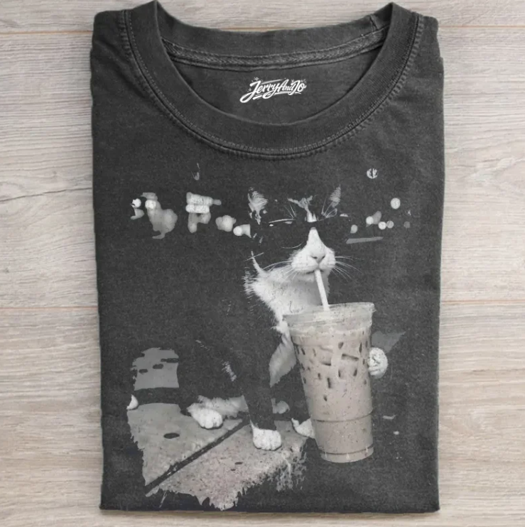 TUXEDO CAT DRINKING ICED COFFEE T-SHIRT TR-00225