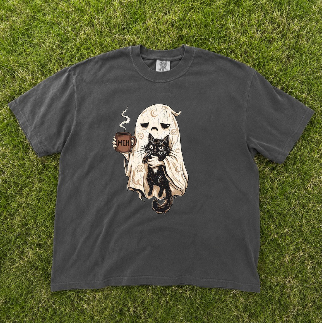 FUNNY HALLOWEEN GHOST CAT, COFFEE SPOOKY TEE BN-00172