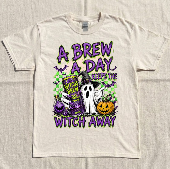 A BREW A DAY KEEPS THE WITCH AWAY TEE, FUNNY HALLOWEEN COFFEE TEE BN-00292