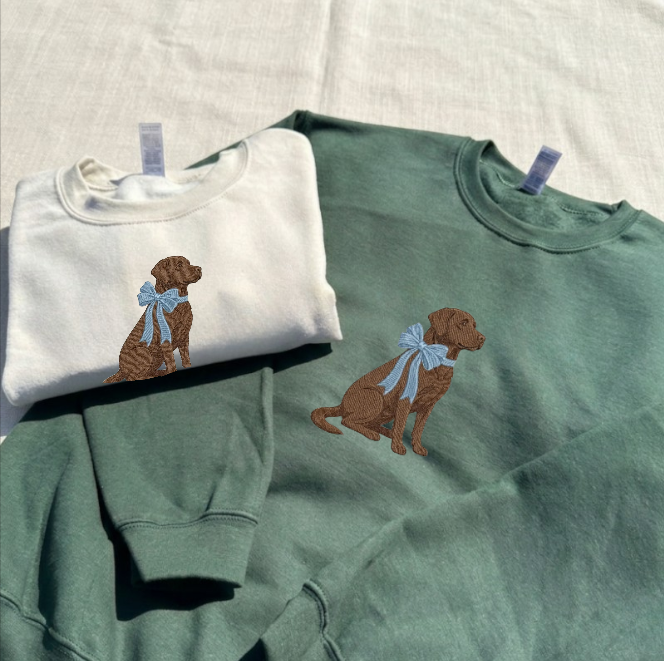 CHOCOLATE LABRADOR DOG WITH BOW EMBROIDEDER TEE/ SWEATSHIRT/ HOODIE BN-00073