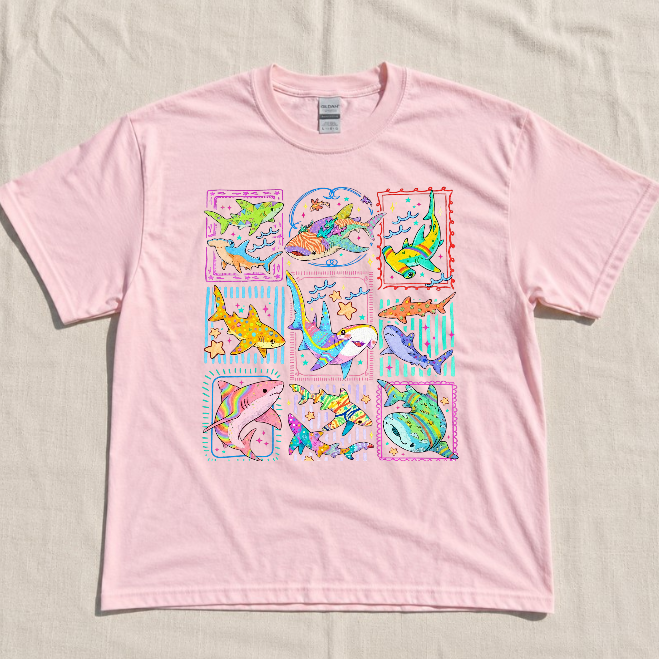 SHARK TROPICAL OCEAN STAMPS, COASTAL BEACH SUMMER TEE BN-00212