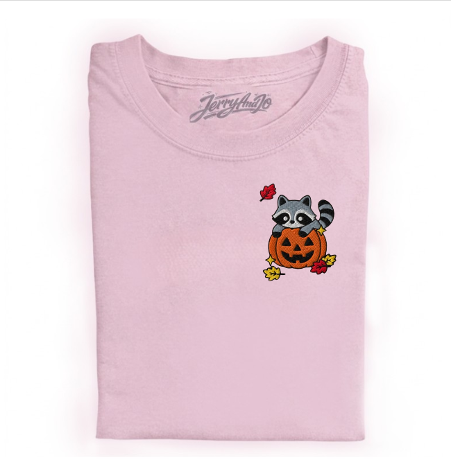 PUMKIN PATCH RACOON CUTE FALL TEE, HALLOWEEN EMBROIDERED TEE BN-00023