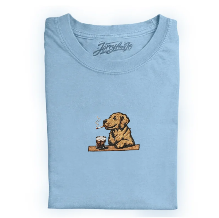 GOLDEN RETRIEVER DOG SITTING AT THE BAR EMBROIDERED TEE TR-0027