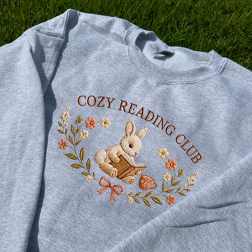 COZY READING CLUB, BUNNY READING BOOK EMBROIDERED TEE BN-00048