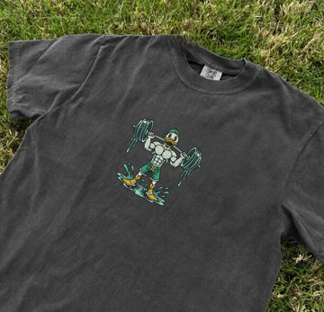 EMBROIDERED BODYBUILDER DUCK, FUNNY GYM DUCK TEE XIU-0084