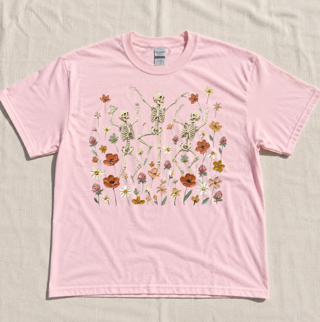 DANCING SKELETON FALL TEE, CUTE FLORAL SKELETON GRAPHIC TEE, SPOOKY SEASON HALLOWEEN TEE BN-00221