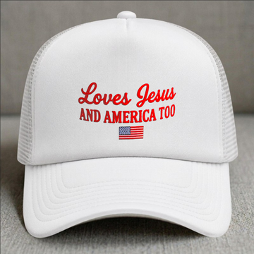 LOVES JESUS AND AMERICA TOO EMBROIDERED TRUCKER HAT BN-0003