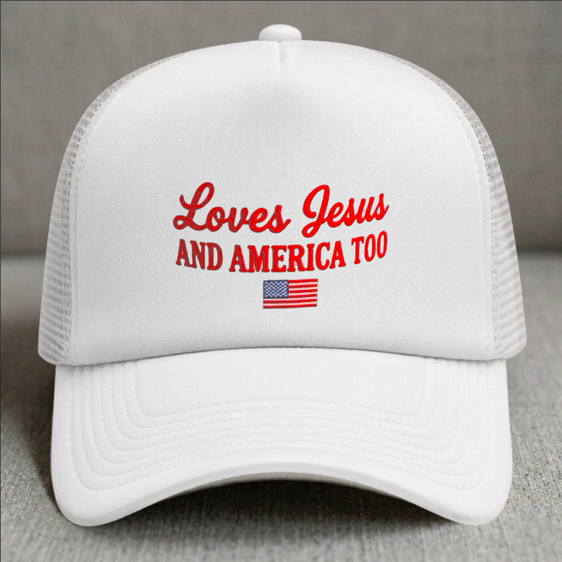 LOVES JESUS AND AMERICA TOO EMBROIDERED TRUCKER HAT BN-0003