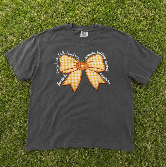 AUTUMN BOW TEE, PUMPKIN GINGHAM APPLIQUE EMBROIDERED BN-00065
