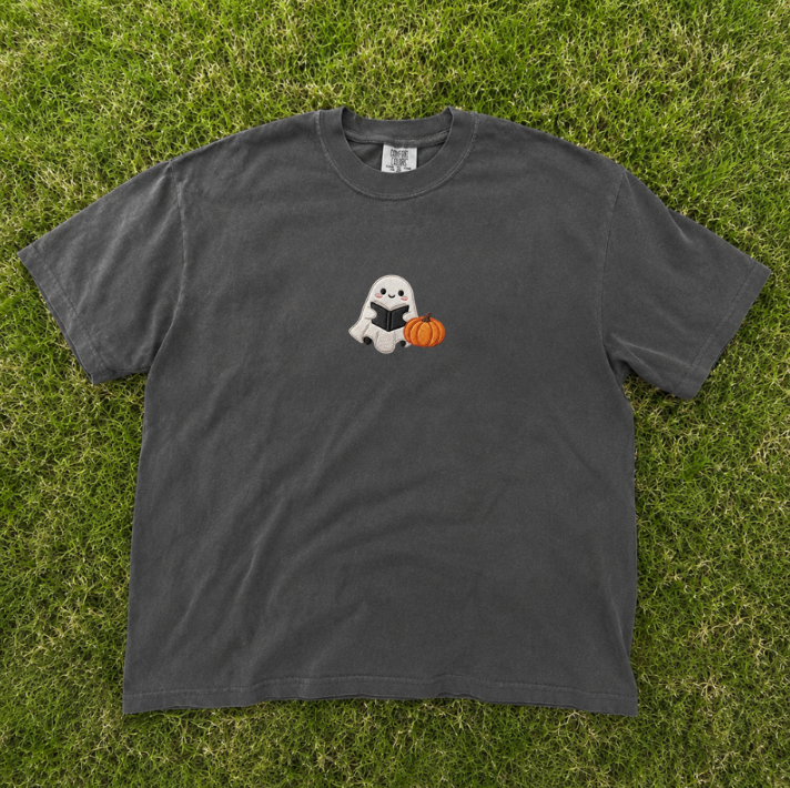 GHOST READING A BOOK EMBROIDERED TEE TR-0058