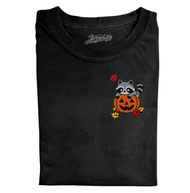 PUMKIN PATCH RACOON CUTE FALL TEE, HALLOWEEN EMBROIDERED TEE BN-00023