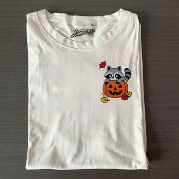 PUMKIN PATCH RACOON CUTE FALL TEE, HALLOWEEN EMBROIDERED TEE BN-00023