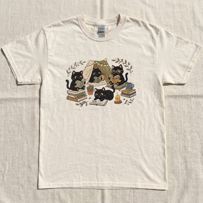 COZY BLACK CAT READING EMBROIDERED TEE BN-00066
