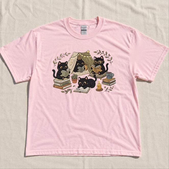 COZY BLACK CAT READING EMBROIDERED TEE BN-00066