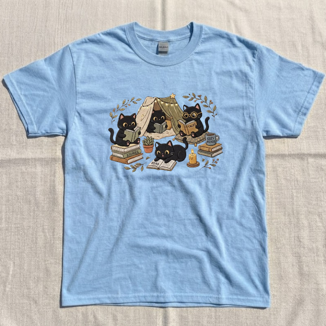 COZY BLACK CAT READING EMBROIDERED TEE BN-00066