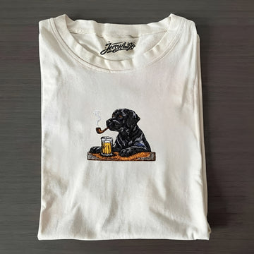 BLACK LABRADOR DOG WITH BEER AND PIPE EMBROIDERED TEE NN-0010