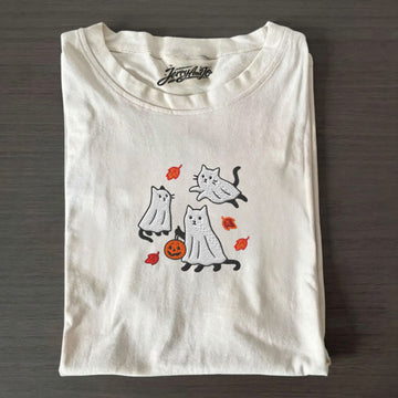 GHOST CATS FALL HALLOWEEN EMBROIDERED TEE NN-0014