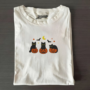 BLACK CATS AND PUMPKINS HALLOWEEN EMBROIDERED TEE NN-0009