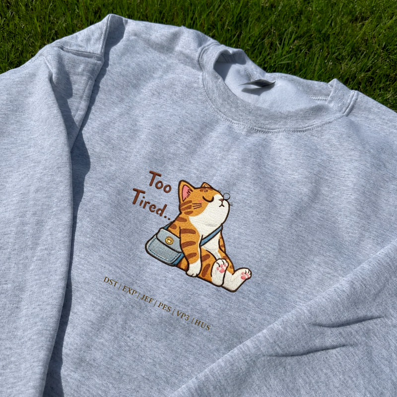 TOO TIRED LAZY CAT EMBROIDERY SHIRT LL - 0054
