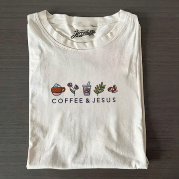 COFFEE BEANS EMBROIDERY ROUND NECK WOMEN T-SHIRT LL - 0013