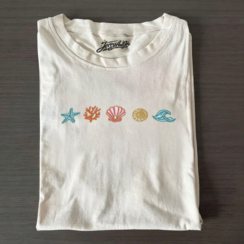 COASTAL EMBROIDERED BEACH ICONS T-SHIRT LL - 0015