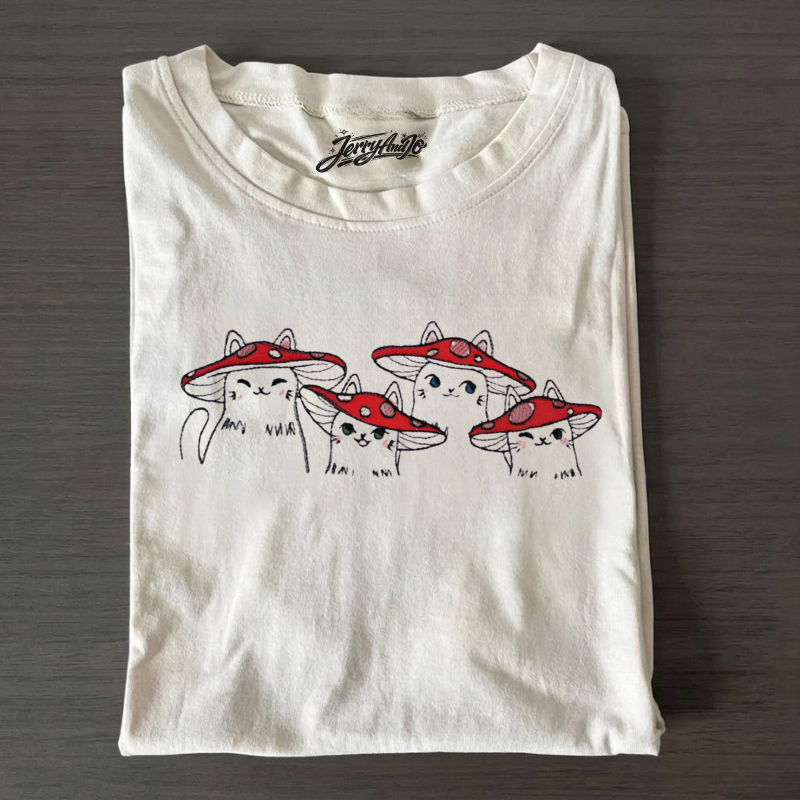 EMBROIDERED MUSHROOM CATS CREWNECK COTTAGECORE CAT LOVER GIFT LL - 0016