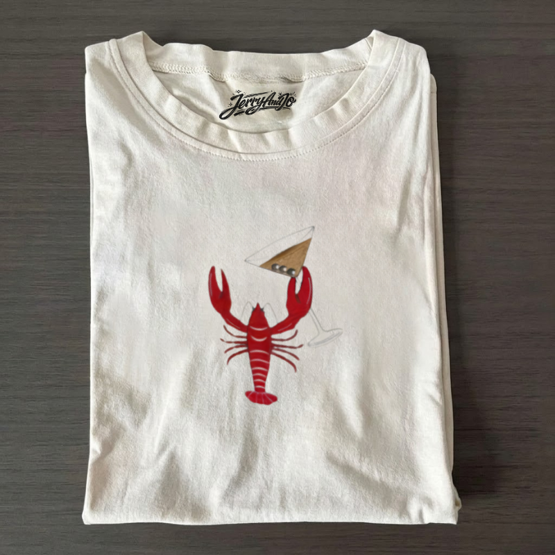 EMBROIDERED LOBSTER MARTINI T-SHIRT | PREPPY SUMMER BEACH TEE LL - 0029