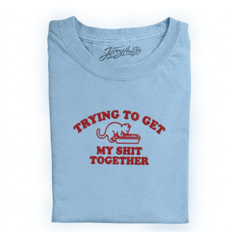 TRYING TO GET MY SHIT TOGETHER EMBROIDERED CAT T-SHIRT  LL - 0030
