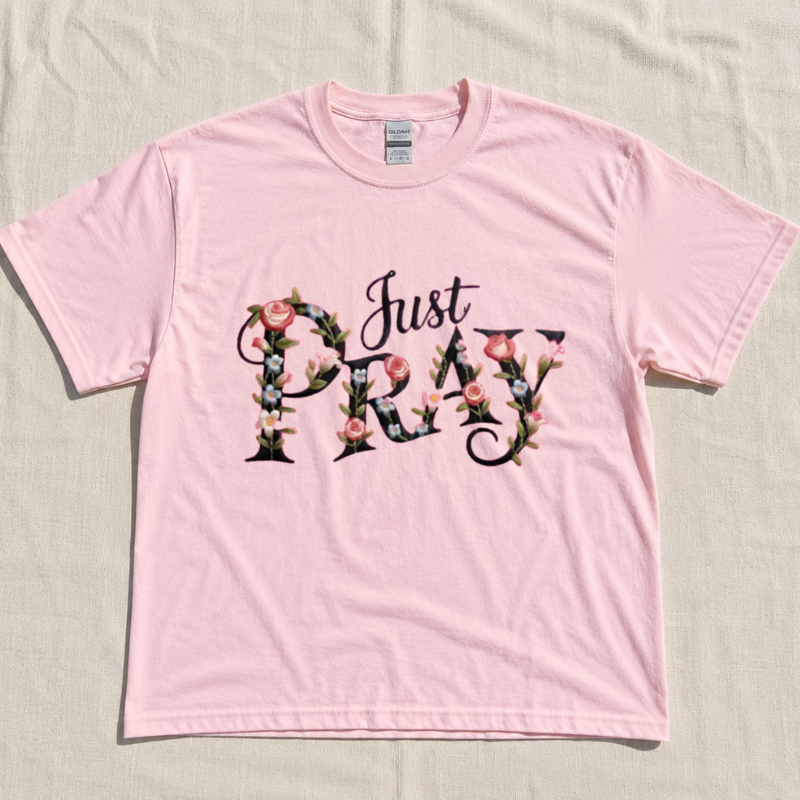 EMBROIDERED "JUST PRAY" FLORAL T-SHIRT LL - 0033