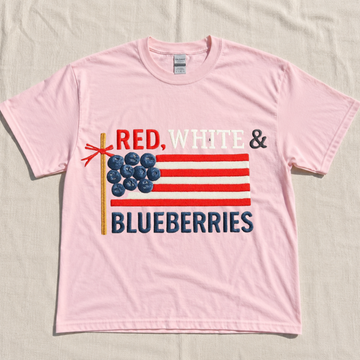 RED, WHITE & BLUEBERRIES EMBROIDERED T-SHIRT – TRENDY SUMMER USA FLAG TEE LL - 0047
