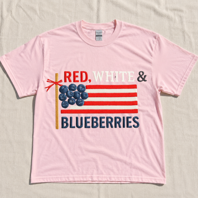 RED, WHITE & BLUEBERRIES EMBROIDERED T-SHIRT – TRENDY SUMMER USA FLAG TEE LL - 0047