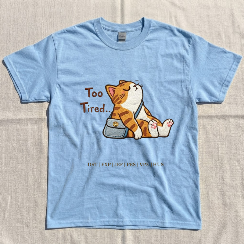 TOO TIRED LAZY CAT EMBROIDERY SHIRT LL - 0054