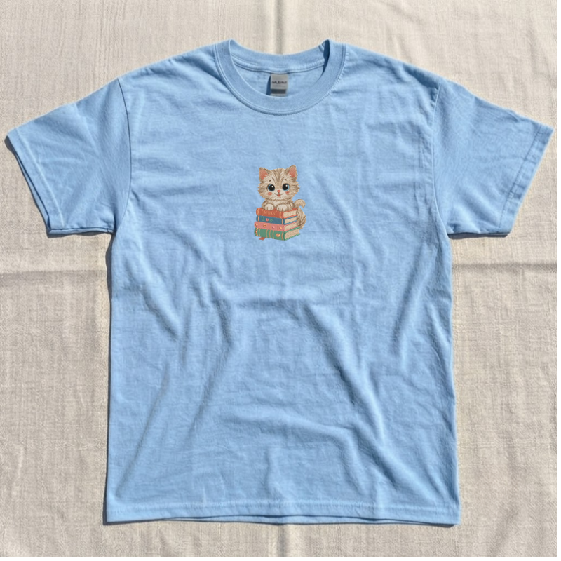 CUTE CAT ON BOOKS EMBROIDERY TSHIRT LL - 0053