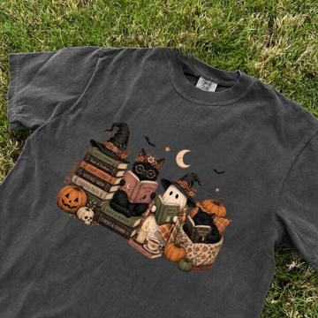 ALL BOOKED FOR HALLOWEEN SHIRT, FUNNY PUMPKIN OWL BOOK CARTOON GRAPHIC TEE  LL - 0142
