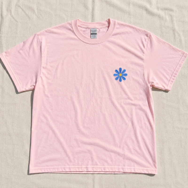 BLUE DAISY EMBROIDERED T-SHIRT, MINIMALIST FLORAL CREWNECK  LL - 0074