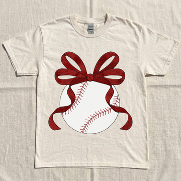 BASEBALL WITH BOW EMBROIDERY SHIRT - CUTE SPORTS BALL MACHINE EMBROIDERY PATTERN  SHIRT BT - 0035