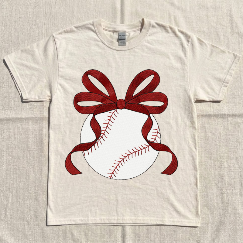 BASEBALL WITH BOW EMBROIDERY SHIRT - CUTE SPORTS BALL MACHINE EMBROIDERY PATTERN  SHIRT BT - 0035