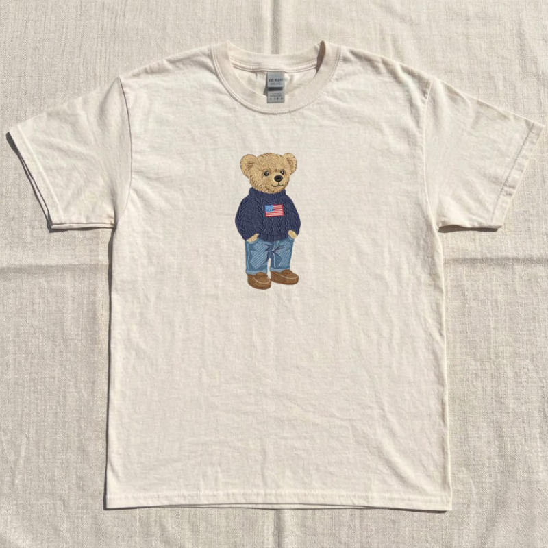 CUTE TEDDY BEAR EMBROIDERY SHIRT, PATRIOTIC USA FLAG BEAR SHIRT BT - 0048