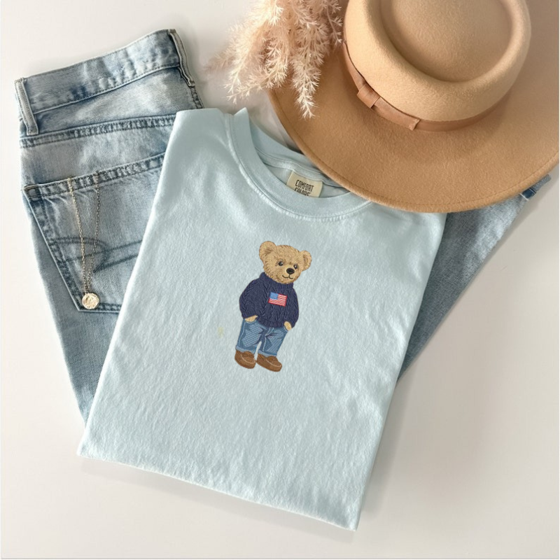 CUTE TEDDY BEAR EMBROIDERY SHIRT, PATRIOTIC USA FLAG BEAR SHIRT BT - 0048