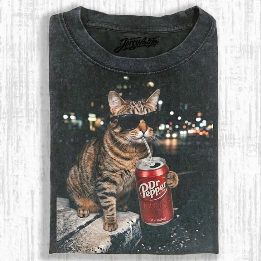 FUNNY CAT DRINKING DRPEPPPER T-SHIRT, VINTAGE CAT SHIRT BT-0090