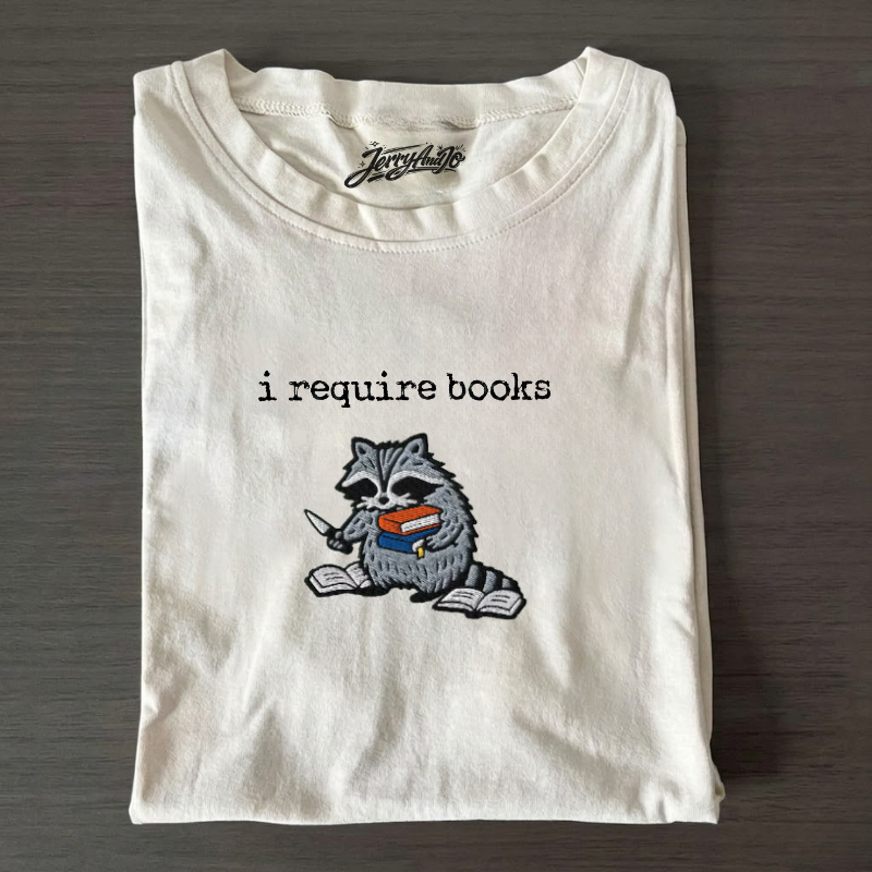 CHAOTIC RACCOON READER TEE, EMBROIDERED  BT - 0001