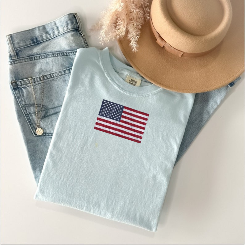 USA FLAG CORDED CREWNECK, EMBROIDERED AMERICAN FLAG  SHIRT BT-0012
