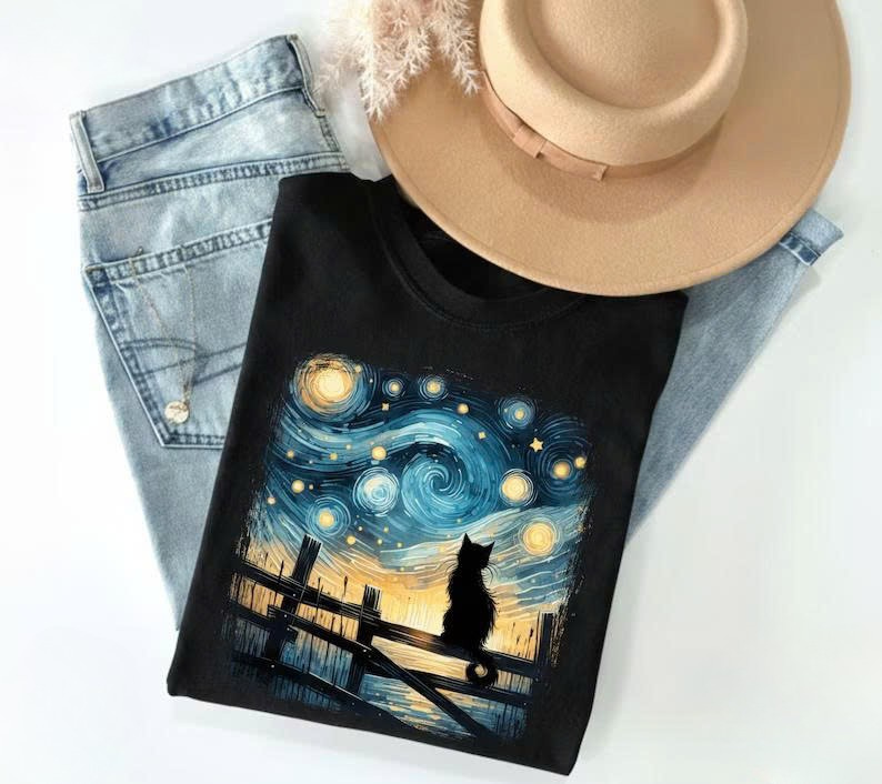 Starry Night Cat T-Shirt, Black Cat Lover Gift LL - 0095