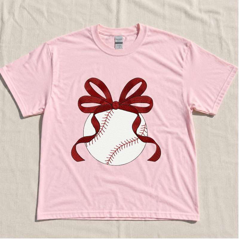 BASEBALL WITH BOW EMBROIDERY SHIRT - CUTE SPORTS BALL MACHINE EMBROIDERY PATTERN  SHIRT BT - 0035
